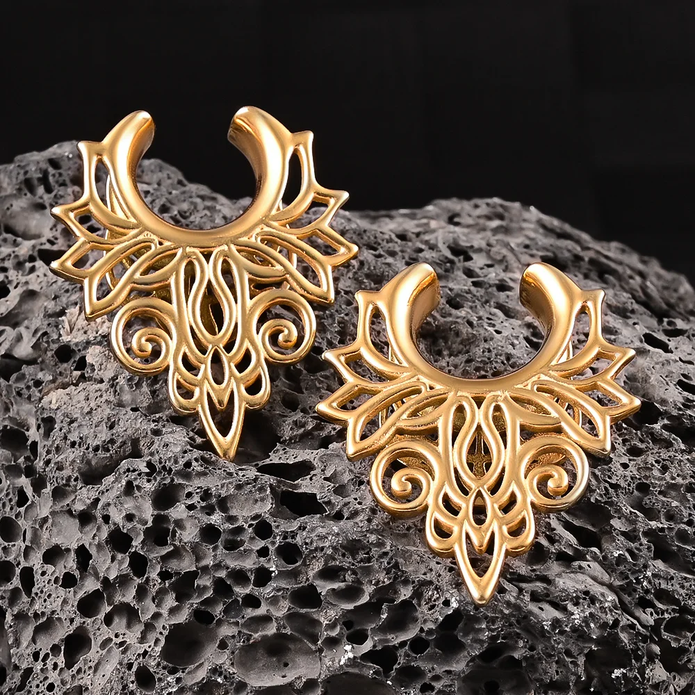 Doearko 2PCS Retro Floral Ear Plugs Tunnels Saddle Gauges 0g-5/8" Stainless Steel Body Piercing Earrings for Stretched Earlobe