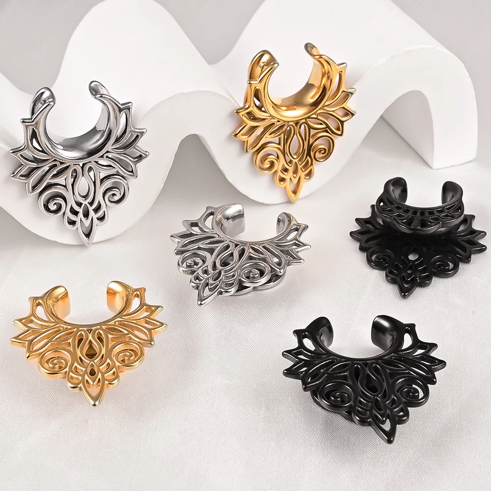 Doearko 2PCS Retro Floral Ear Plugs Tunnels Saddle Gauges 0g-5/8" Stainless Steel Body Piercing Earrings for Stretched Earlobe