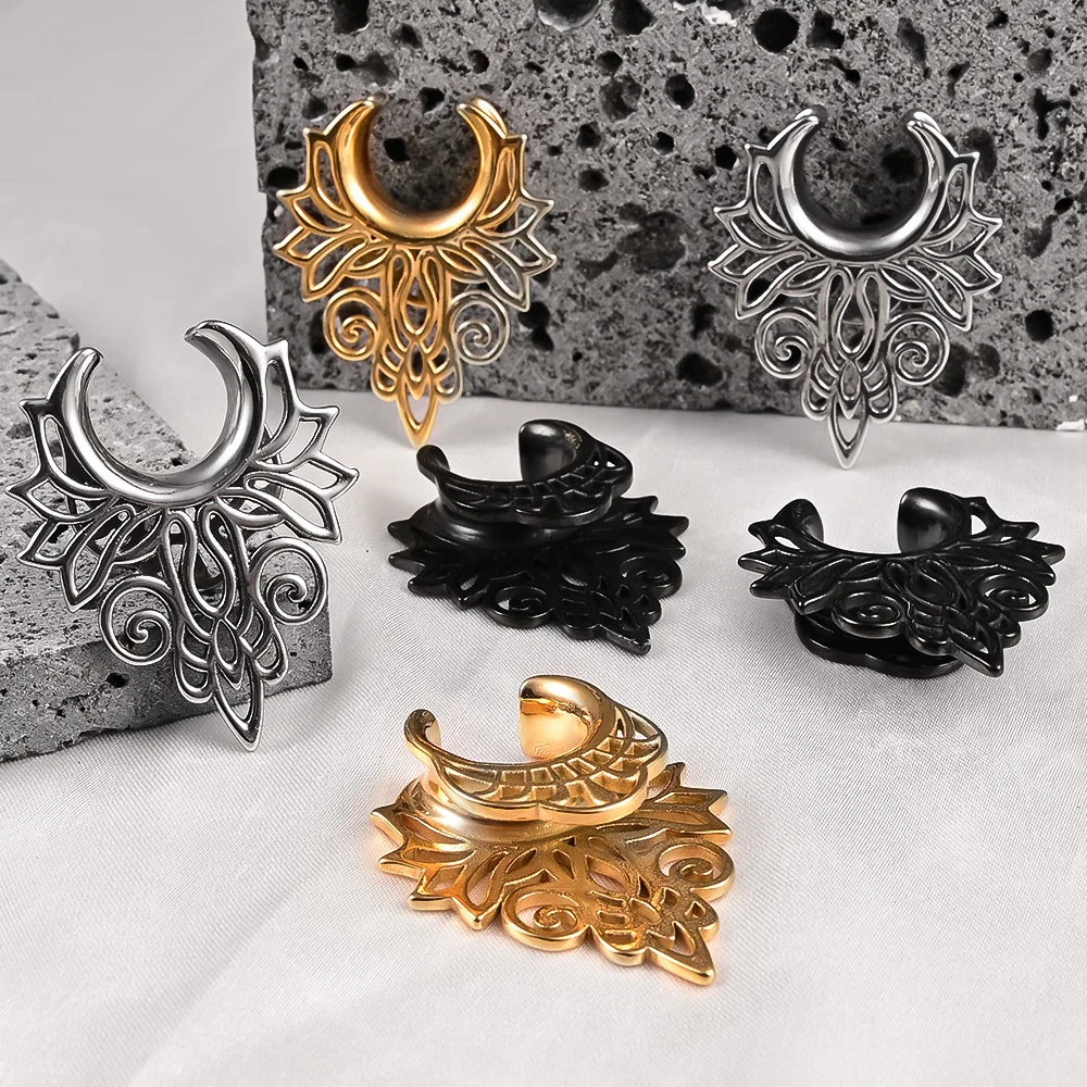 Doearko 2PCS Retro Floral Ear Plugs Tunnels Saddle Gauges 0g-5/8" Stainless Steel Body Piercing Earrings for Stretched Earlobe