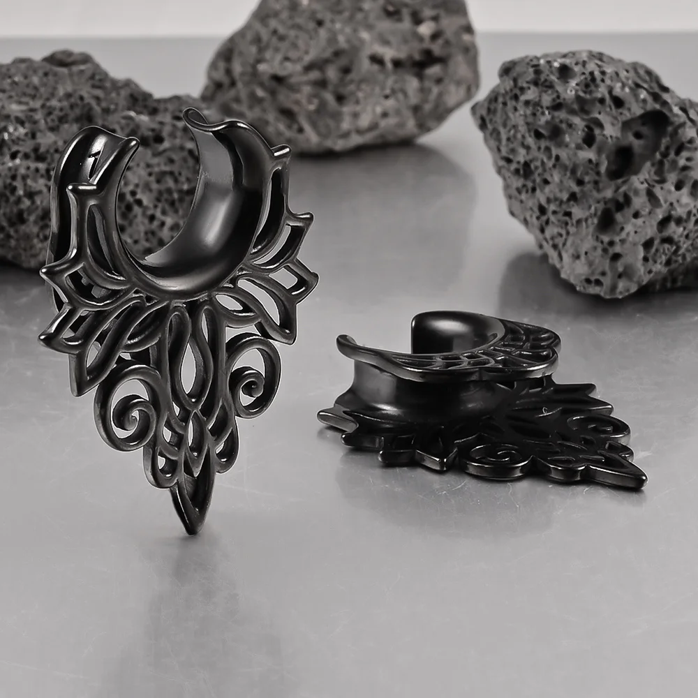Doearko 2PCS Retro Floral Ear Plugs Tunnels Saddle Gauges 0g-5/8" Stainless Steel Body Piercing Earrings for Stretched Earlobe