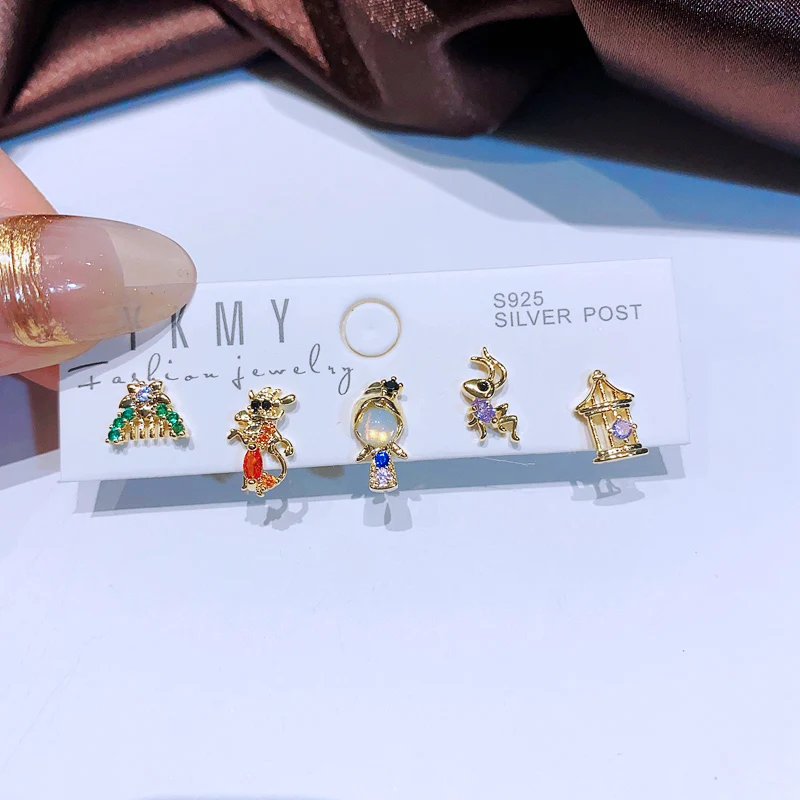 MIGGA 5pcs Fairy Cute Small Princess Stud Earrings Set for Women Girls Gold Color Cubic Zircon Jewelry