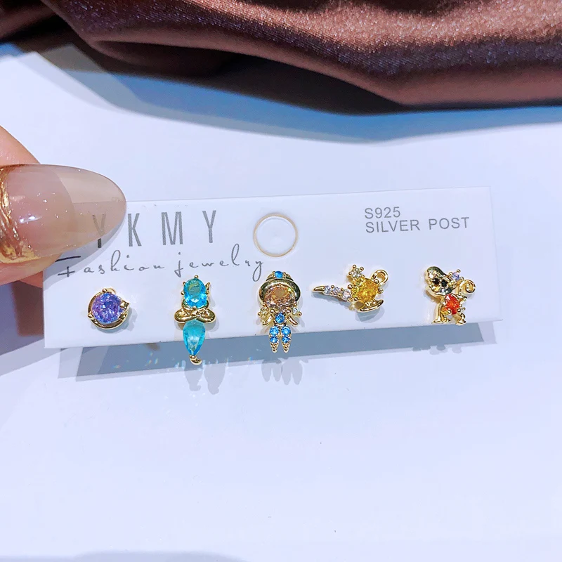 MIGGA 5pcs Fairy Cute Small Princess Stud Earrings Set for Women Girls Gold Color Cubic Zircon Jewelry