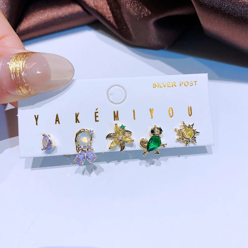 MIGGA 5pcs Fairy Cute Small Princess Stud Earrings Set for Women Girls Gold Color Cubic Zircon Jewelry