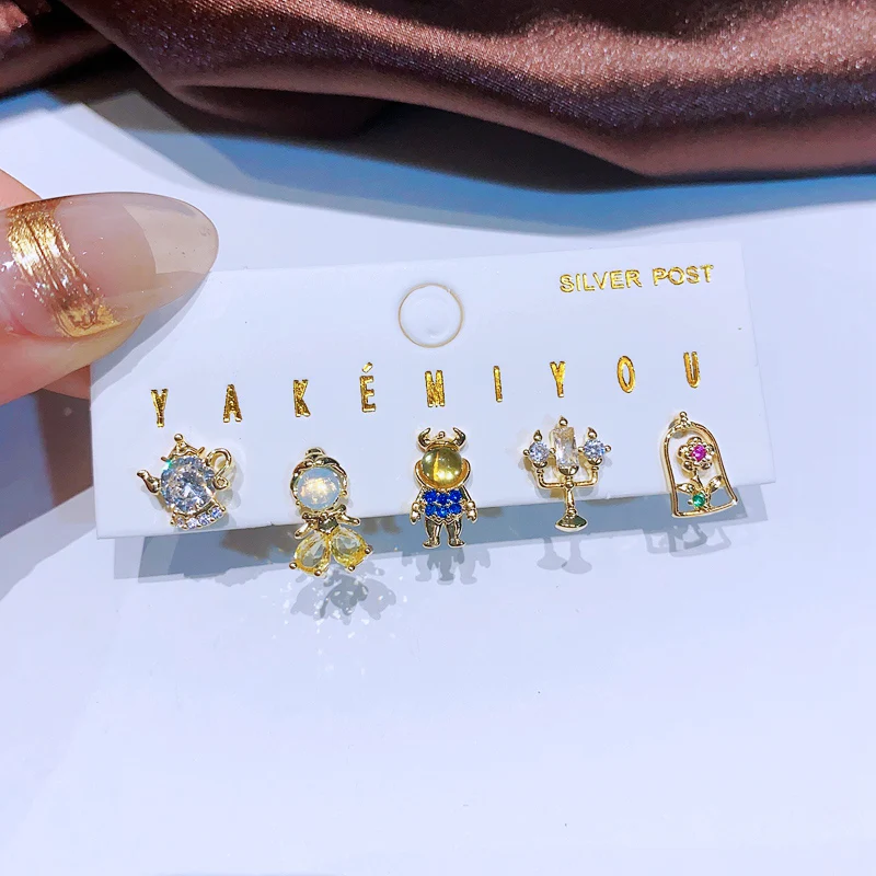 MIGGA 5pcs Fairy Cute Small Princess Stud Earrings Set for Women Girls Gold Color Cubic Zircon Jewelry