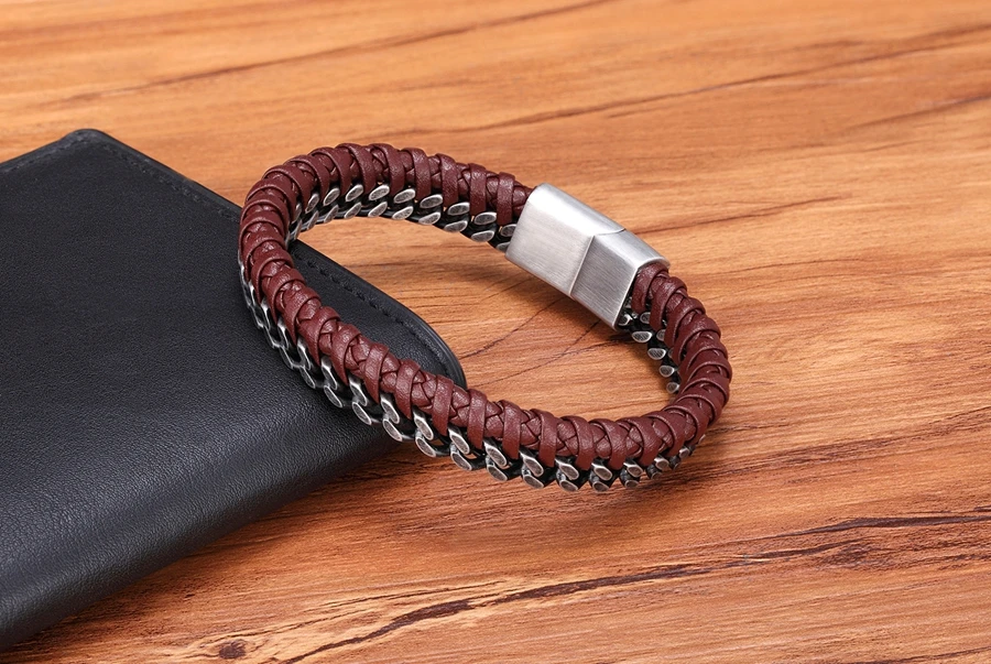 XQNI Luxury Vintage Handmade Leather Braid Men Bracelet Stainless Steel Buckle Business Men's Bangles For Friend Partner Lovers
