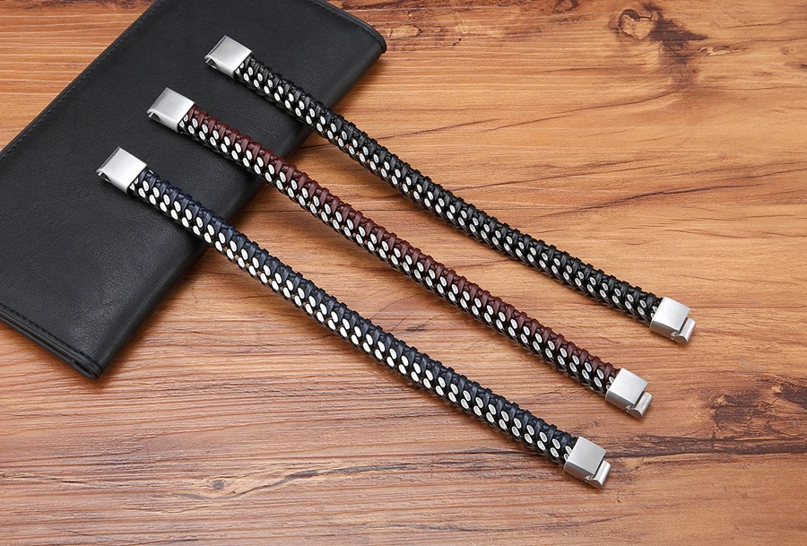 XQNI Luxury Vintage Handmade Leather Braid Men Bracelet Stainless Steel Buckle Business Men's Bangles For Friend Partner Lovers