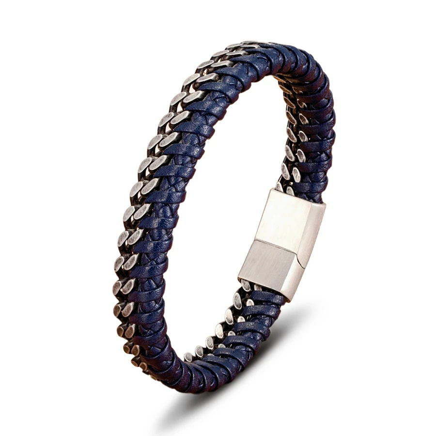 XQNI Luxury Vintage Handmade Leather Braid Men Bracelet Stainless Steel Buckle Business Men's Bangles For Friend Partner Lovers