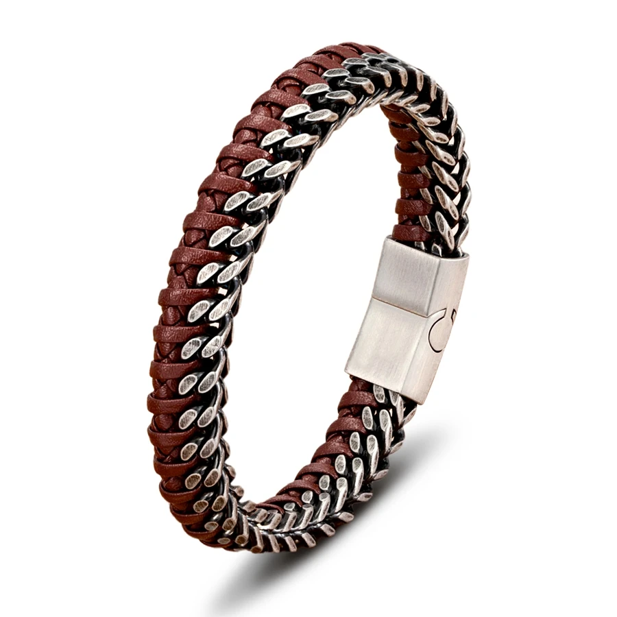 XQNI Luxury Vintage Handmade Leather Braid Men Bracelet Stainless Steel Buckle Business Men's Bangles For Friend Partner Lovers