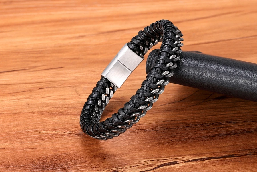 XQNI Luxury Vintage Handmade Leather Braid Men Bracelet Stainless Steel Buckle Business Men's Bangles For Friend Partner Lovers