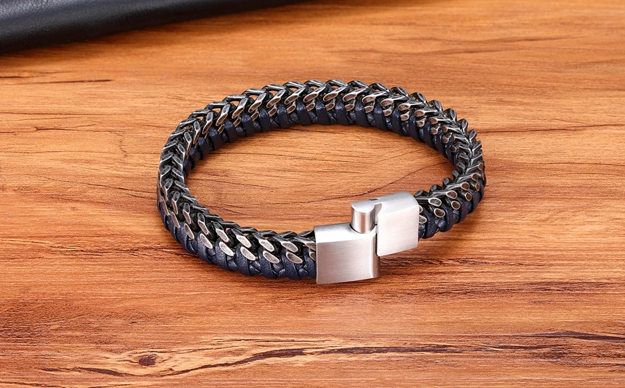 XQNI Luxury Vintage Handmade Leather Braid Men Bracelet Stainless Steel Buckle Business Men's Bangles For Friend Partner Lovers