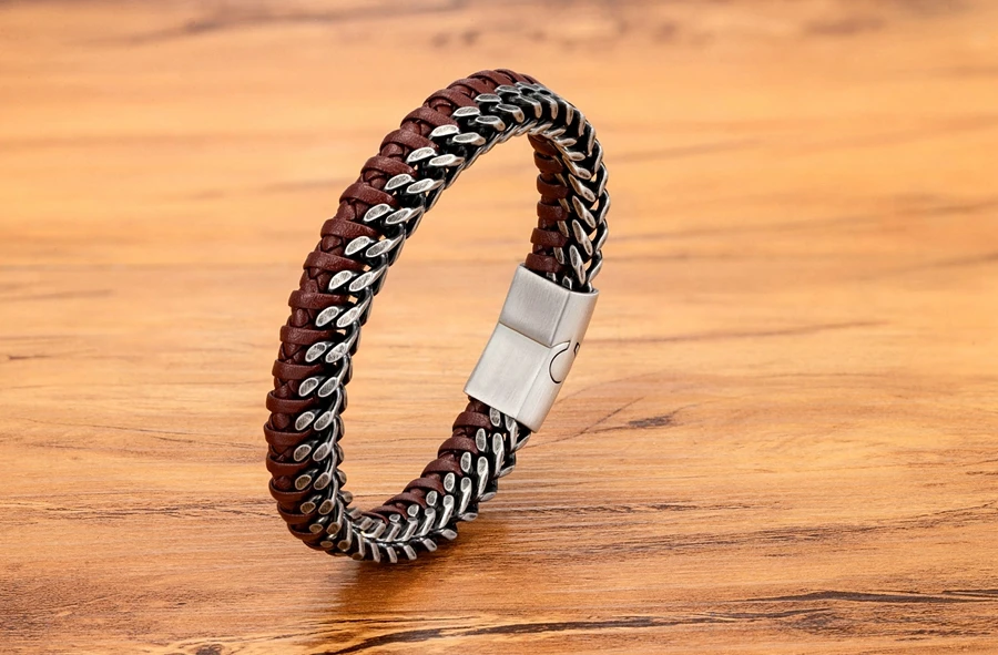 XQNI Luxury Vintage Handmade Leather Braid Men Bracelet Stainless Steel Buckle Business Men's Bangles For Friend Partner Lovers