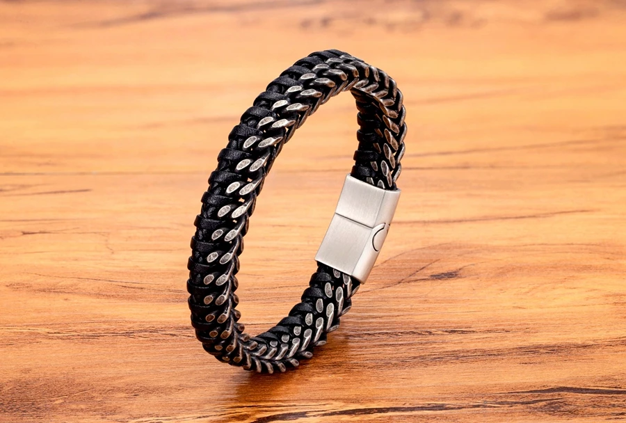 XQNI Luxury Vintage Handmade Leather Braid Men Bracelet Stainless Steel Buckle Business Men's Bangles For Friend Partner Lovers