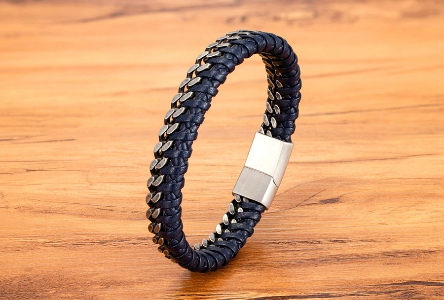 XQNI Luxury Vintage Handmade Leather Braid Men Bracelet Stainless Steel Buckle Business Men's Bangles For Friend Partner Lovers