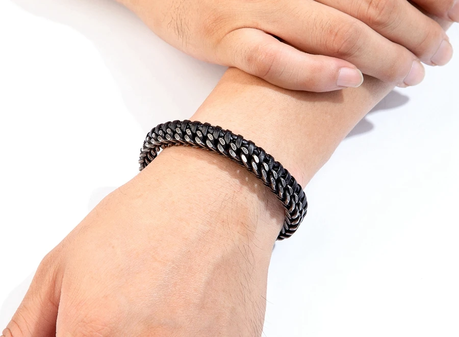 XQNI Luxury Vintage Handmade Leather Braid Men Bracelet Stainless Steel Buckle Business Men's Bangles For Friend Partner Lovers