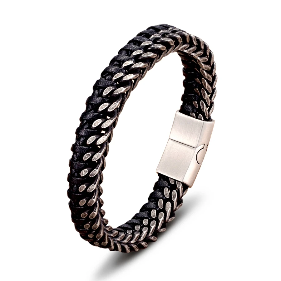 XQNI Luxury Vintage Handmade Leather Braid Men Bracelet Stainless Steel Buckle Business Men's Bangles For Friend Partner Lovers