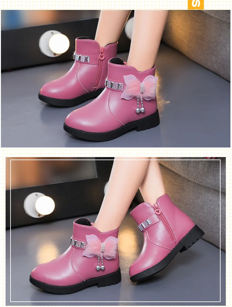 Children's Shoes Girl Mid Length Warm Leather Boots Baby Bow Cute Cotton Shoes Plush Winter New Student Two Cotton Boots Botines