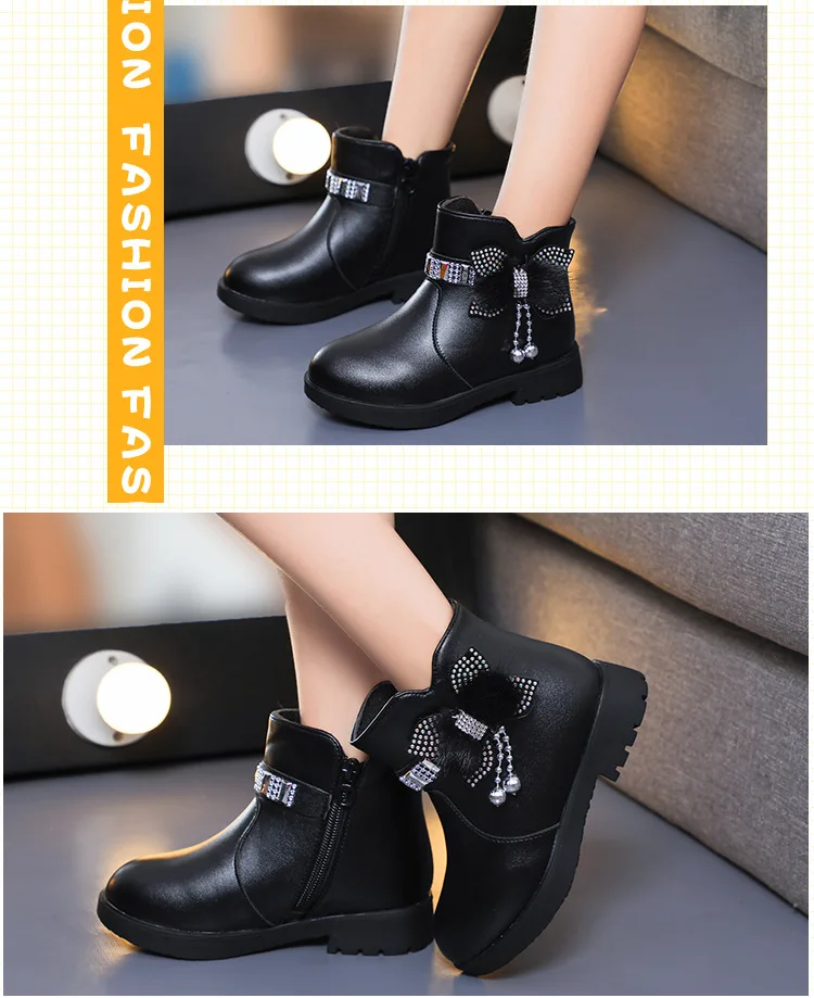 Children's Shoes Girl Mid Length Warm Leather Boots Baby Bow Cute Cotton Shoes Plush Winter New Student Two Cotton Boots Botines