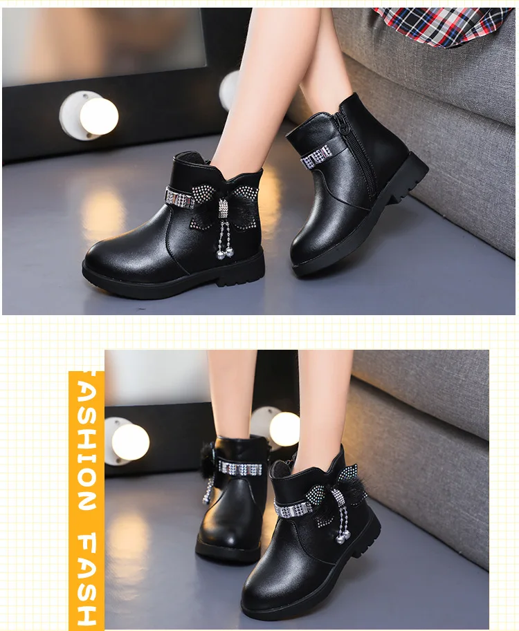 Children's Shoes Girl Mid Length Warm Leather Boots Baby Bow Cute Cotton Shoes Plush Winter New Student Two Cotton Boots Botines