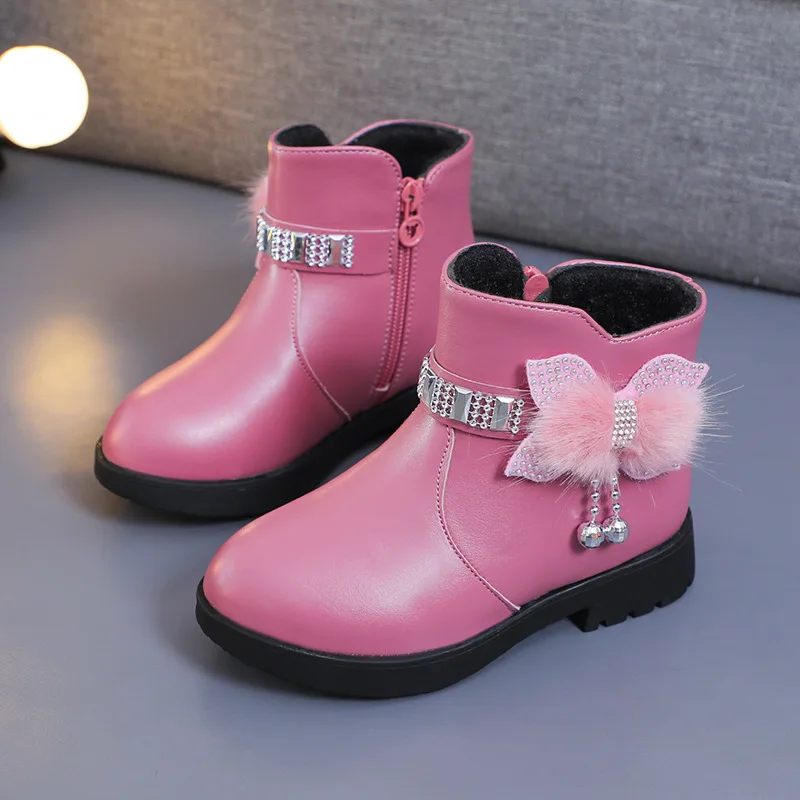 Children's Shoes Girl Mid Length Warm Leather Boots Baby Bow Cute Cotton Shoes Plush Winter New Student Two Cotton Boots Botines