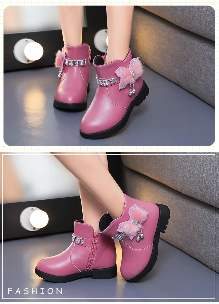 Children's Shoes Girl Mid Length Warm Leather Boots Baby Bow Cute Cotton Shoes Plush Winter New Student Two Cotton Boots Botines