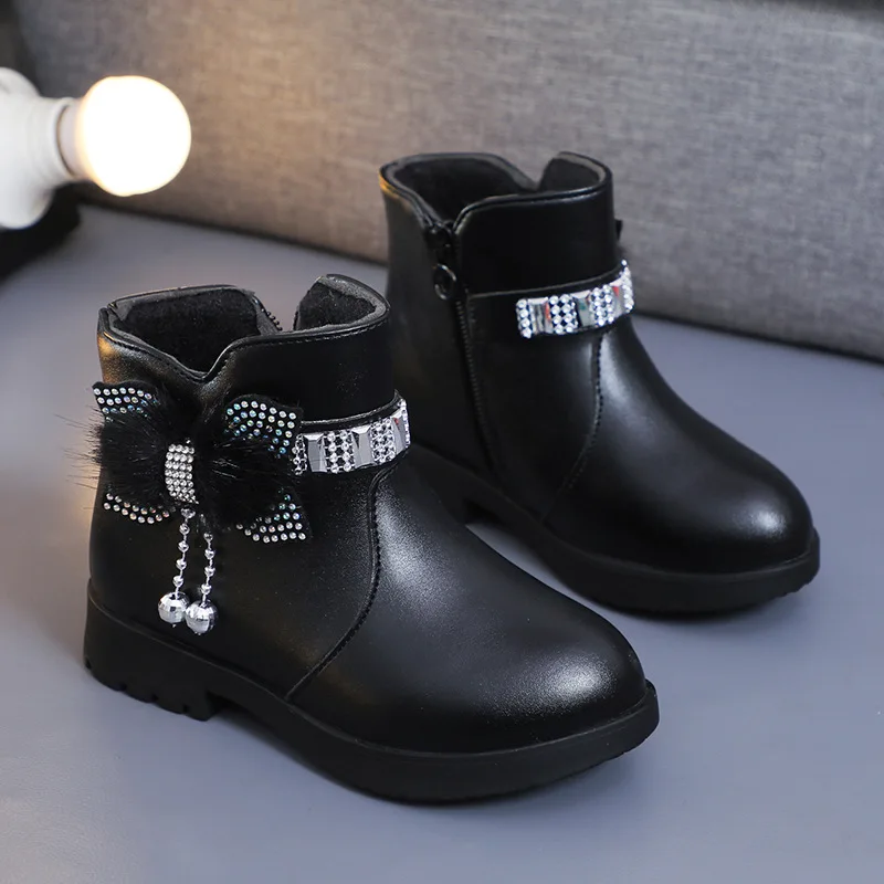Children's Shoes Girl Mid Length Warm Leather Boots Baby Bow Cute Cotton Shoes Plush Winter New Student Two Cotton Boots Botines