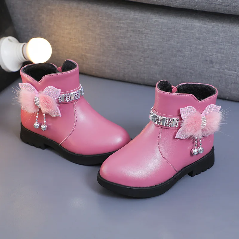 Children's Shoes Girl Mid Length Warm Leather Boots Baby Bow Cute Cotton Shoes Plush Winter New Student Two Cotton Boots Botines