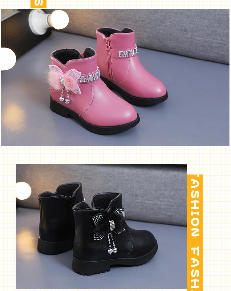 Children's Shoes Girl Mid Length Warm Leather Boots Baby Bow Cute Cotton Shoes Plush Winter New Student Two Cotton Boots Botines