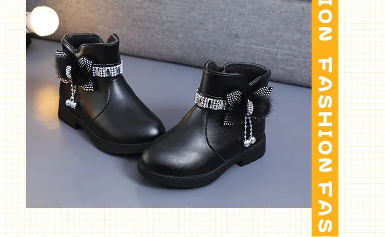 Children's Shoes Girl Mid Length Warm Leather Boots Baby Bow Cute Cotton Shoes Plush Winter New Student Two Cotton Boots Botines
