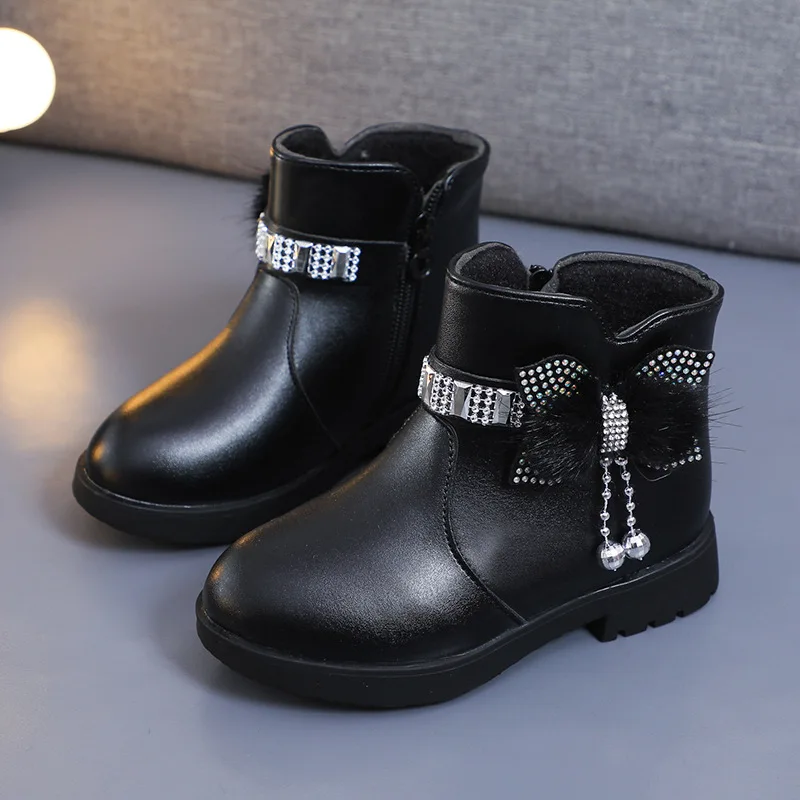 Children's Shoes Girl Mid Length Warm Leather Boots Baby Bow Cute Cotton Shoes Plush Winter New Student Two Cotton Boots Botines