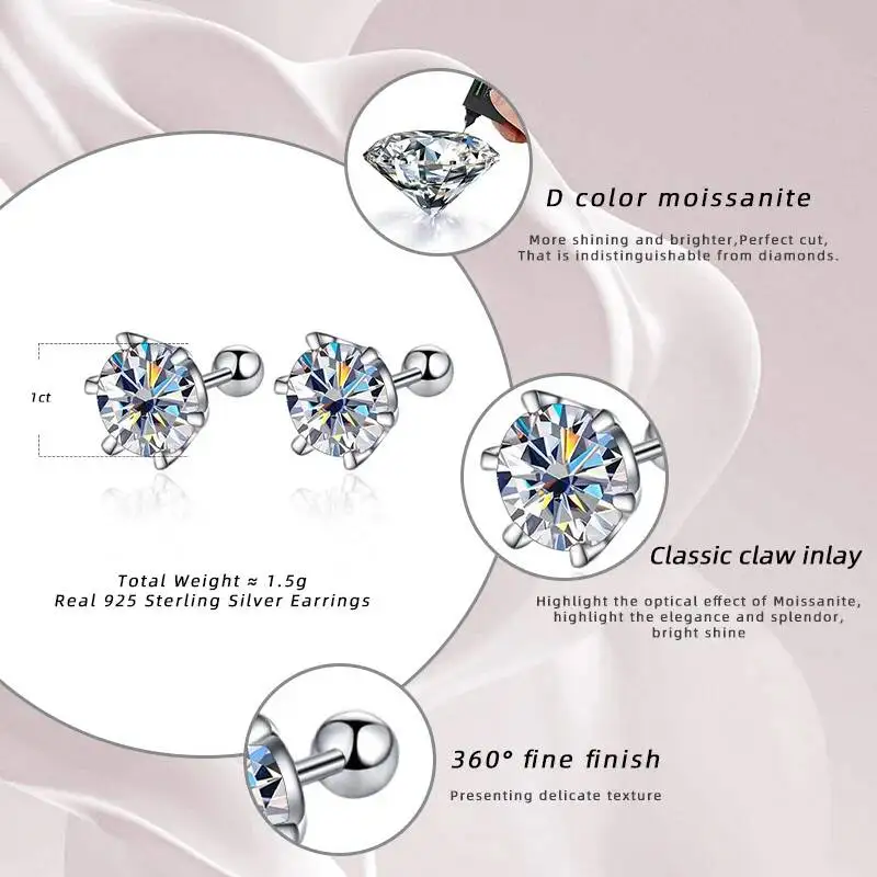 Butterflykiss 0.2-0.5ct Moissanite Screw Stud Earring D Color 925 Sterling Silver Sparkle Earrings For Women Men Wedding Jewelry