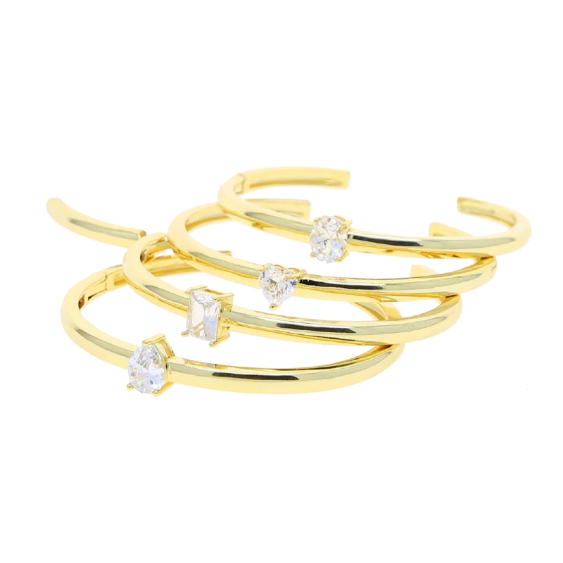 Geometric Rectangle Tear Drop Heart Oval 5A Cubic Zirconia CZ Open Adjusted Simple Gold Color Bangle For Women