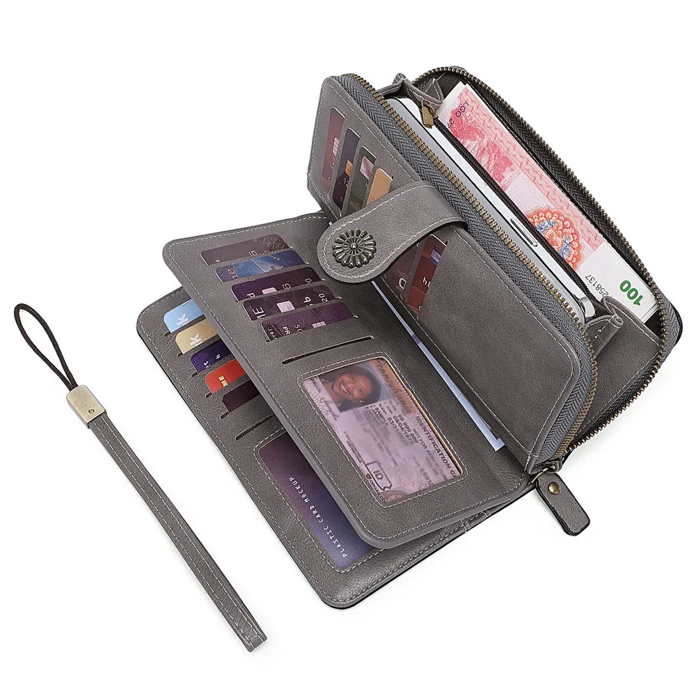 Aliwood Brand Hollow Women Leather Wallet Clutch 4 Fold Female Long Wallets Zipper Purses Strap Money Clip Card Holder Carteras