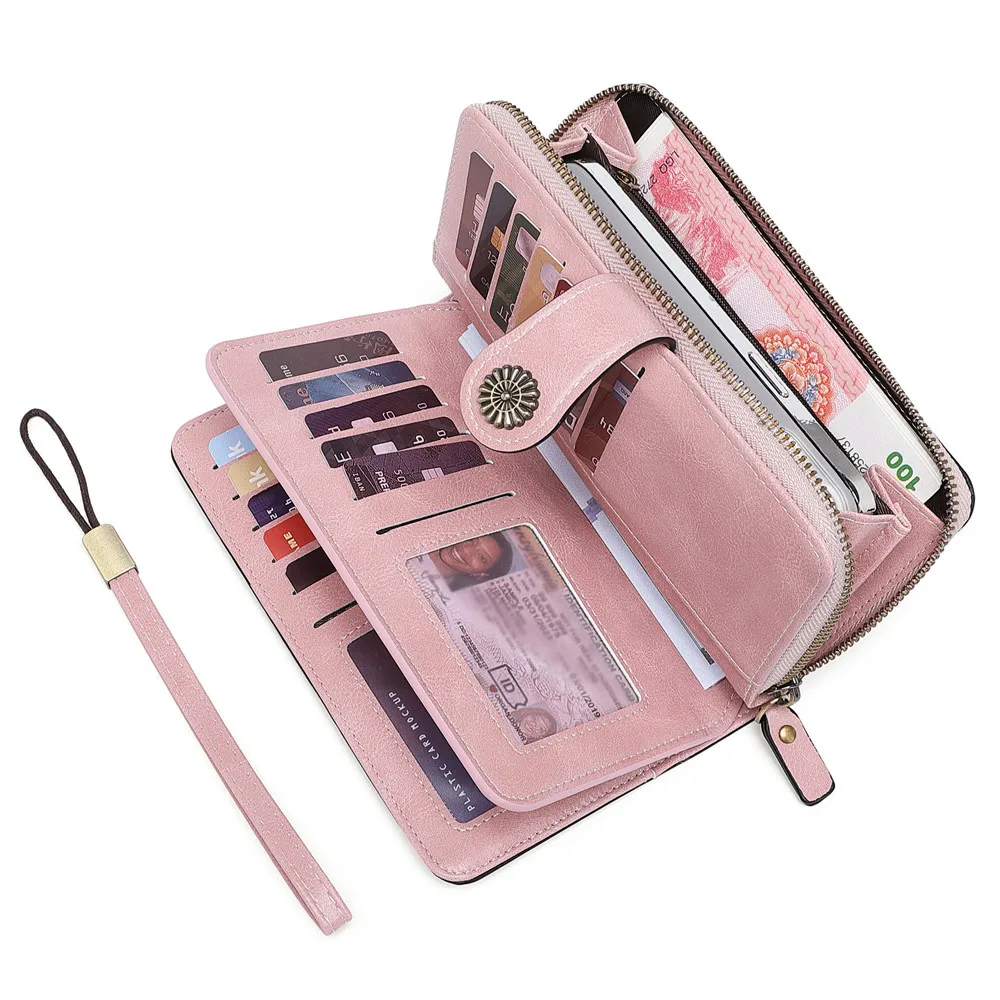 Aliwood Brand Hollow Women Leather Wallet Clutch 4 Fold Female Long Wallets Zipper Purses Strap Money Clip Card Holder Carteras