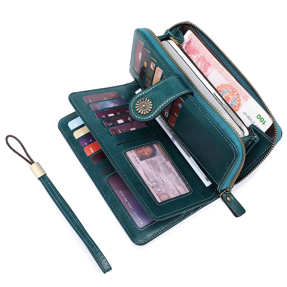 Aliwood Brand Hollow Women Leather Wallet Clutch 4 Fold Female Long Wallets Zipper Purses Strap Money Clip Card Holder Carteras
