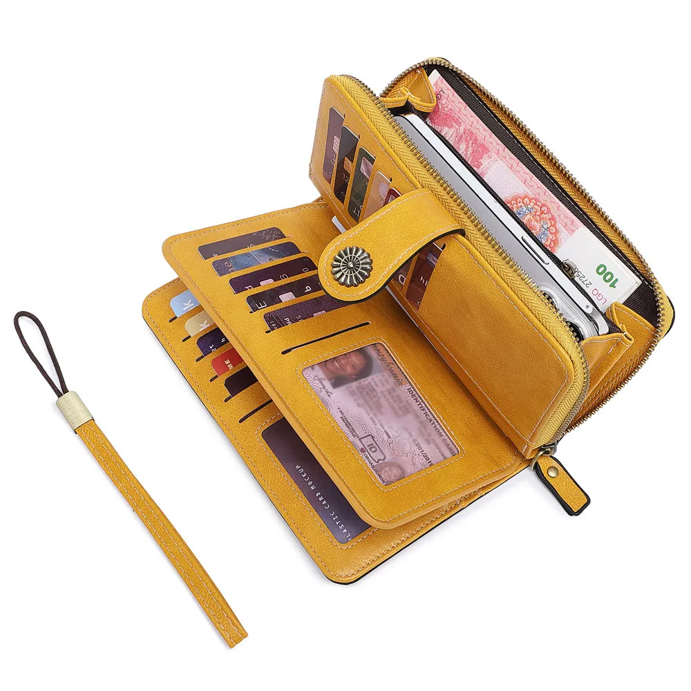 Aliwood Brand Hollow Women Leather Wallet Clutch 4 Fold Female Long Wallets Zipper Purses Strap Money Clip Card Holder Carteras