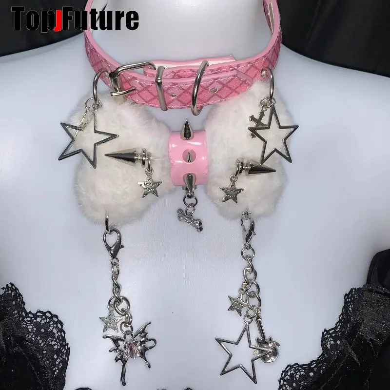 Women Y2K Girl Customize Harajuku Gothic Punk Necklace Short Necklace Spiker Studded Chokers Furry Choker Hip Hop Jewelry Collar