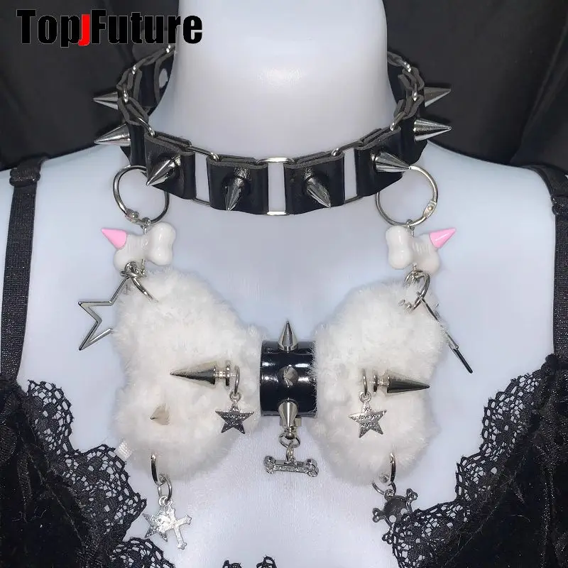 Women Y2K Girl Customize Harajuku Gothic Punk Necklace Short Necklace Spiker Studded Chokers Furry Choker Hip Hop Jewelry Collar