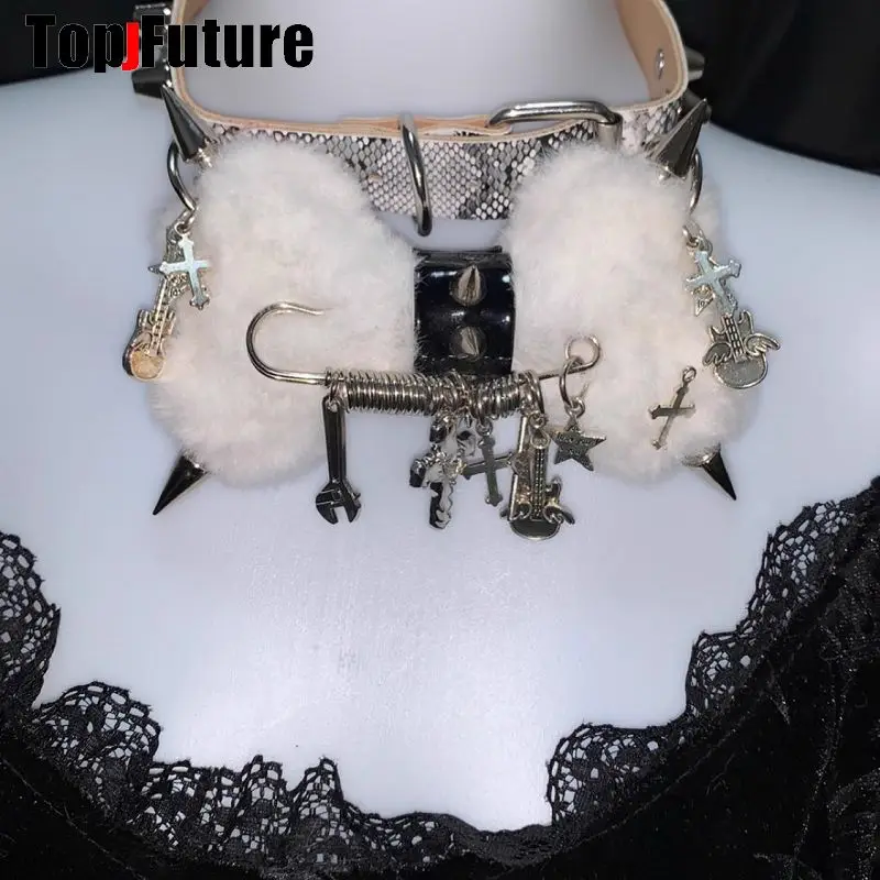 Women Y2K Girl Customize Harajuku Gothic Punk Necklace Short Necklace Spiker Studded Chokers Furry Choker Hip Hop Jewelry Collar