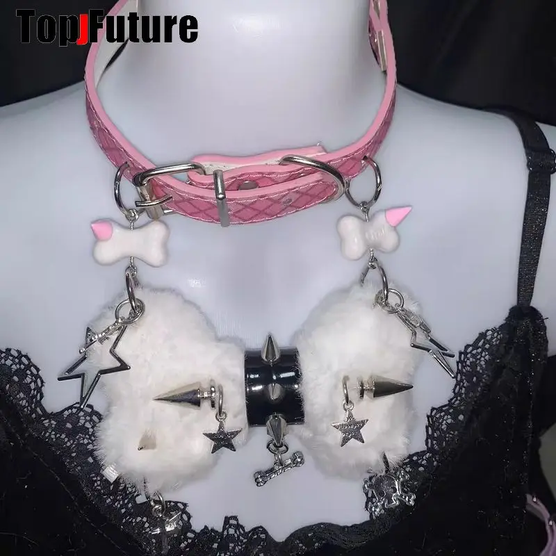 Women Y2K Girl Customize Harajuku Gothic Punk Necklace Short Necklace Spiker Studded Chokers Furry Choker Hip Hop Jewelry Collar