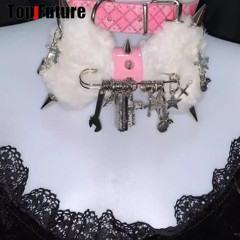 Women Y2K Girl Customize Harajuku Gothic Punk Necklace Short Necklace Spiker Studded Chokers Furry Choker Hip Hop Jewelry Collar