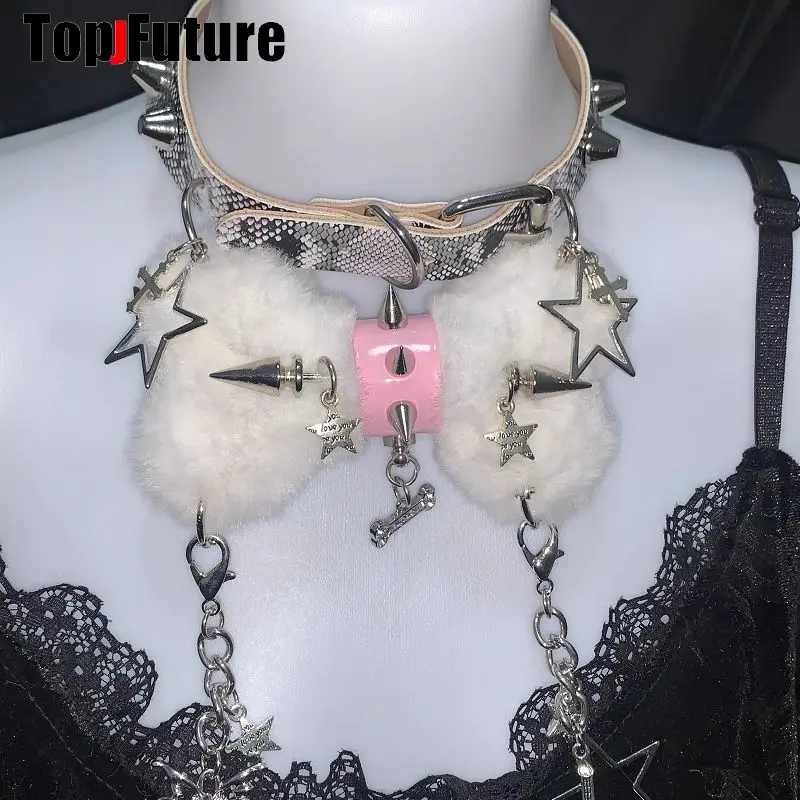 Women Y2K Girl Customize Harajuku Gothic Punk Necklace Short Necklace Spiker Studded Chokers Furry Choker Hip Hop Jewelry Collar