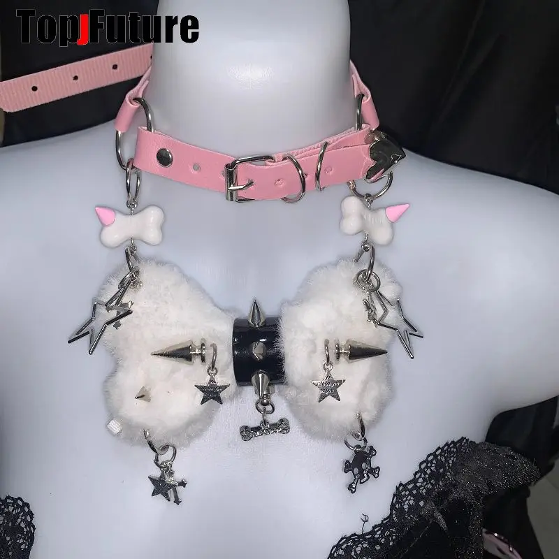 Women Y2K Girl Customize Harajuku Gothic Punk Necklace Short Necklace Spiker Studded Chokers Furry Choker Hip Hop Jewelry Collar