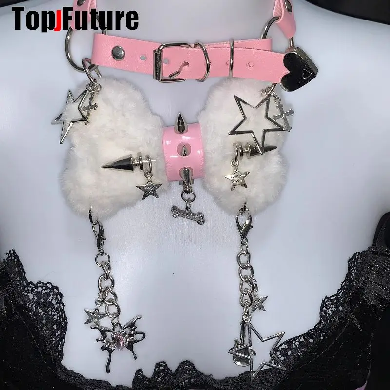 Women Y2K Girl Customize Harajuku Gothic Punk Necklace Short Necklace Spiker Studded Chokers Furry Choker Hip Hop Jewelry Collar