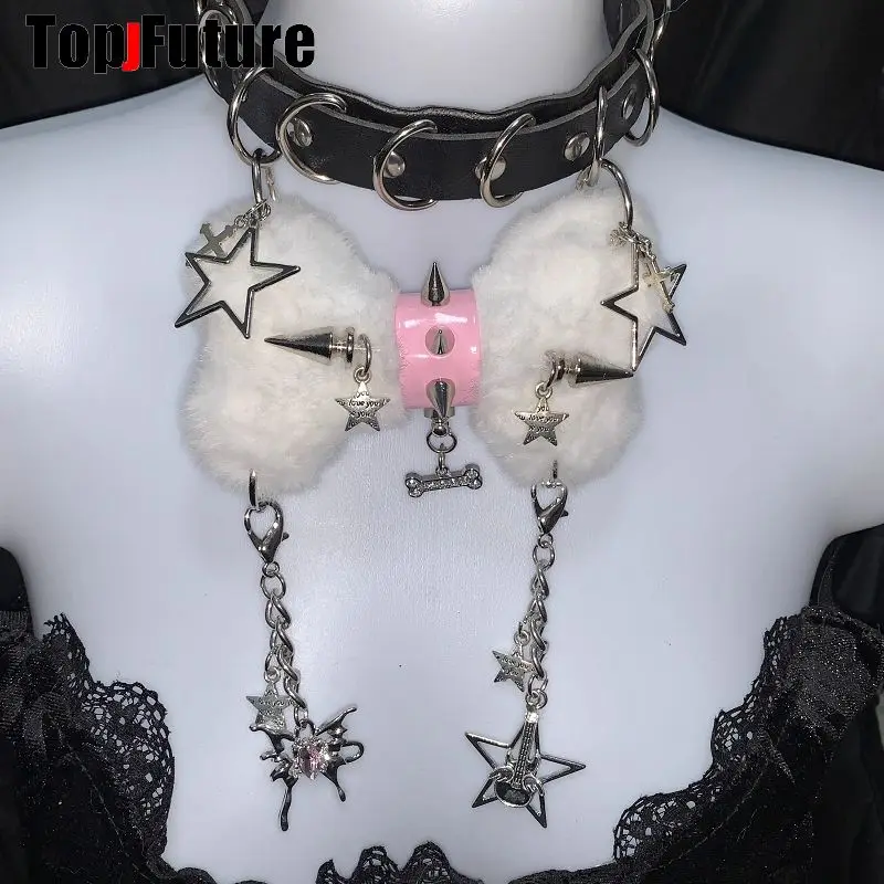 Women Y2K Girl Customize Harajuku Gothic Punk Necklace Short Necklace Spiker Studded Chokers Furry Choker Hip Hop Jewelry Collar