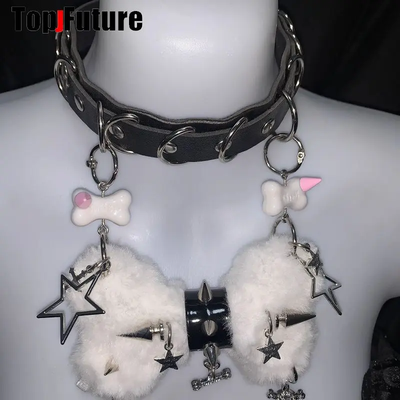 Women Y2K Girl Customize Harajuku Gothic Punk Necklace Short Necklace Spiker Studded Chokers Furry Choker Hip Hop Jewelry Collar