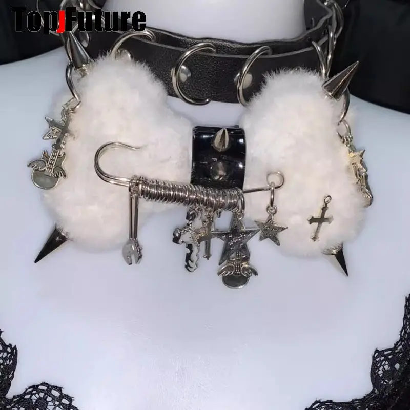 Women Y2K Girl Customize Harajuku Gothic Punk Necklace Short Necklace Spiker Studded Chokers Furry Choker Hip Hop Jewelry Collar