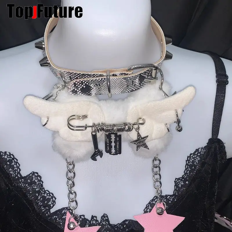 Women Y2K Girl Customize Harajuku Gothic Punk Necklace Short Necklace Spiker Studded Chokers Furry Choker Hip Hop Jewelry Collar