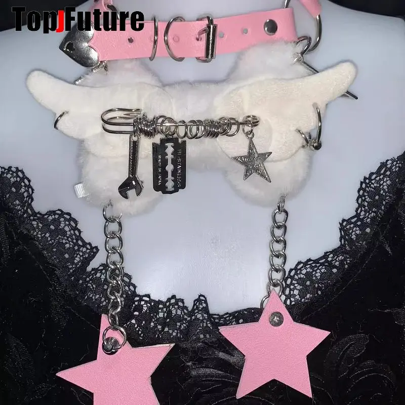 Women Y2K Girl Customize Harajuku Gothic Punk Necklace Short Necklace Spiker Studded Chokers Furry Choker Hip Hop Jewelry Collar