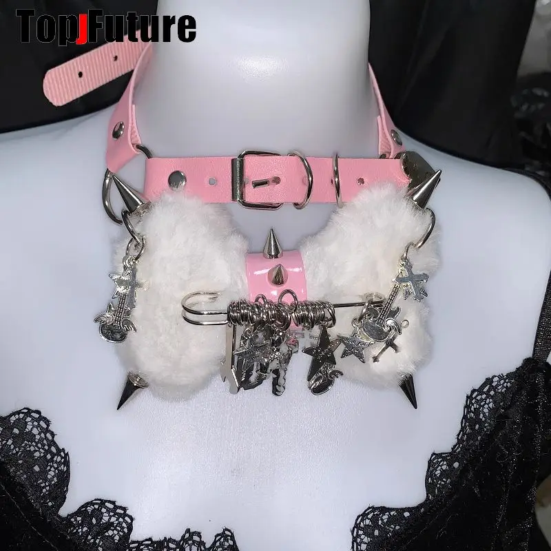 Women Y2K Girl Customize Harajuku Gothic Punk Necklace Short Necklace Spiker Studded Chokers Furry Choker Hip Hop Jewelry Collar