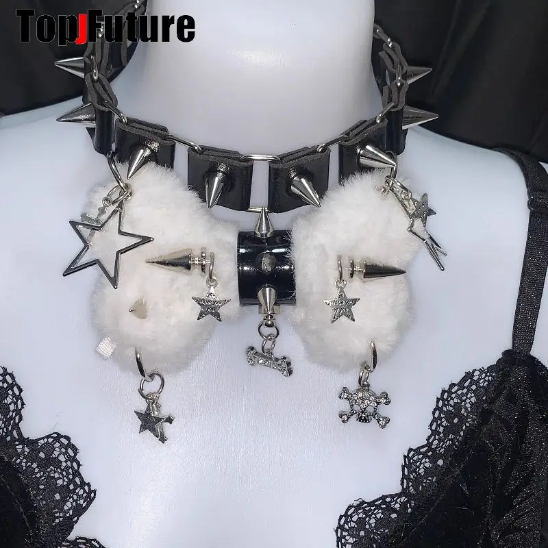 Women Y2K Girl Customize Harajuku Gothic Punk Necklace Short Necklace Spiker Studded Chokers Furry Choker Hip Hop Jewelry Collar